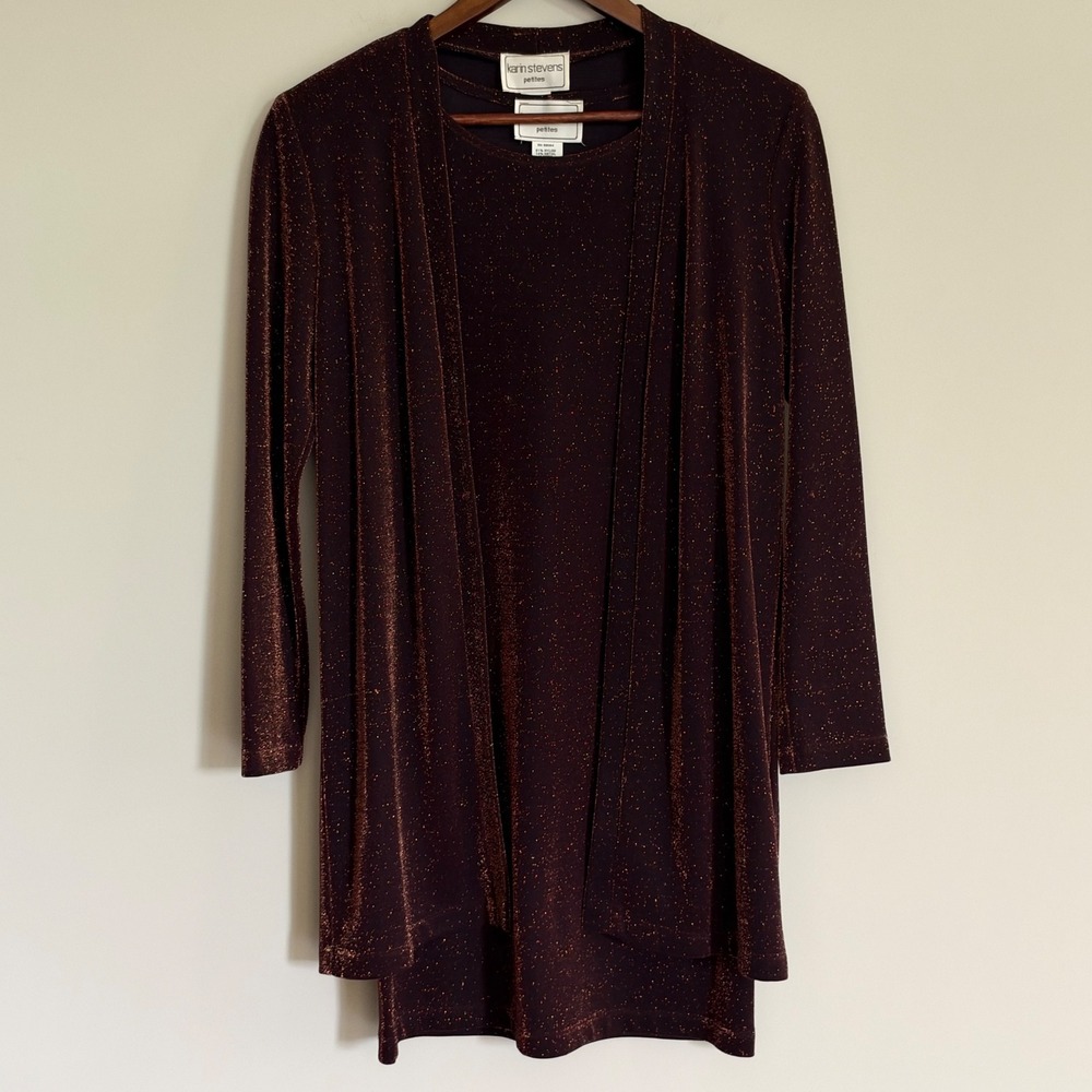 Karin Stevens Petites Dress Set 4P Burgundy Copper Metallic Glitter Knit Jacket